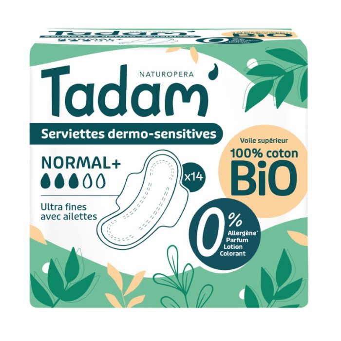 tadam-tadam-14-serviettes-dermo-sensitives-normal-coton-bio-ultra-fine-avec-ailettes-protection-hygienique.jpg TADAM 14 SERVIETTES DERMO SENSITIVES NORMAL + COTON BIO ULTRA FINE AVEC AILETTES – Image 1