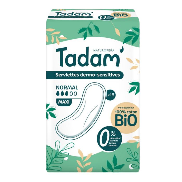 tadam-tadam-18-serviettes-dermo-sensitives-normal-maxi-coton-bio-protections-hygieniques-et-toilette-intime.jpg TADAM 18 SERVIETTES DERMO SENSITIVES NORMAL MAXI COTON BIO – Image 1