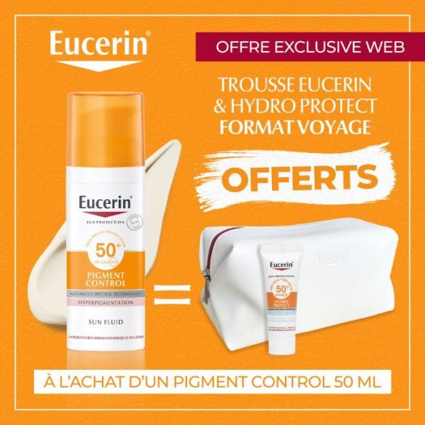 EUCERIN OFFRE WEB SUN FLUIDE PIGMENT CONTROL 50 ML SPF 50 + FORMAT VOYAGE ET TROUSSE OFFERTS
